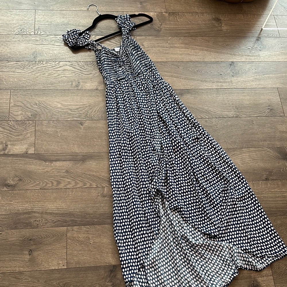 Tiare Hawaii White and Blue Halter Maxi Sundress